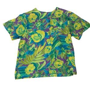 Vintage Jack Mulqueen Silk purple, green, and blue Floral Shirt size Medium